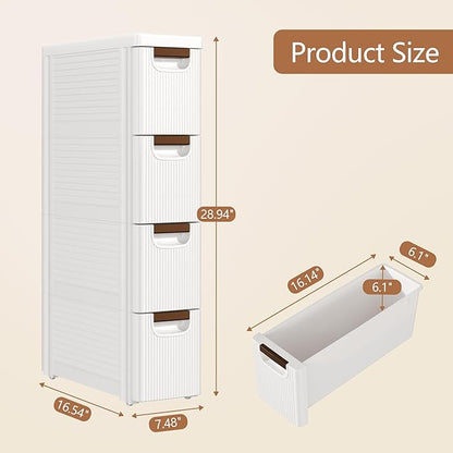 VECELO 4-Drawer Narrow Bathroom Storage Cabinet, Mobile Plastic Slim Rolling Organizer Cart with Built-in 4 Wheels for Living Room, Kitchen, Bathroom, Bedroom, Office, White(16.5" x 7.5" x 28.9")