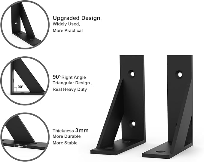 SOGAL Shelf Bracket 3 Inch x 4 Inch,Black Shelf Brackets,Small Shelf Brackets,Shelf Support Angle Brackets for Shelves, Heavy Duty Shelf L Brackets 4Pack
