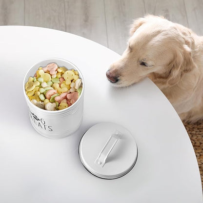 Large Dog Treat Container Airtight - 6.6" Tall X 6" Round White Dog Treat Jar for Kitchen Counter - Rustic Treat Storage Canister for Dogs, Cats, Small Animals - Gifts for Pet Owners