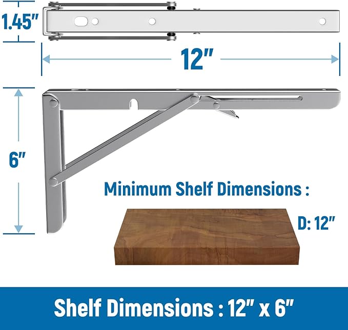 LEOPO 12 inch Folding Shelf Brackets, Stainless Steel Heavy Duty Wall Mounted Shelf Bracket, 2 Pack