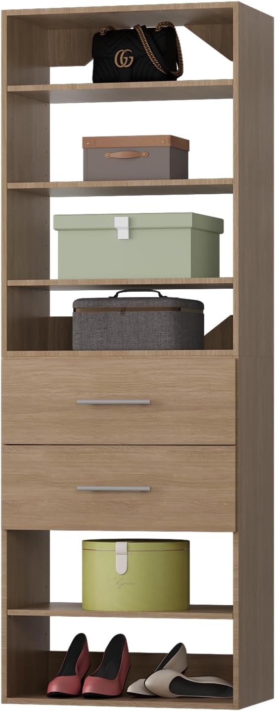 ROOMTEC Modular Closet System, 25.5" 2 Drawer Shelf Closet Tower Wall-Mounted Closet Organizer, Wooden Tower for Walk-In Closets, Wardrobe Storage Kit, Wood