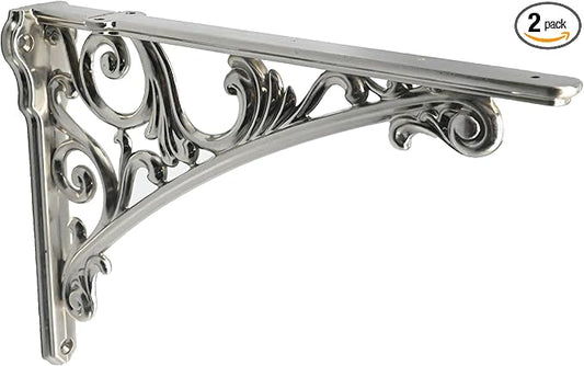 Decorative Shelf Bracket 12 inch Brushed Satin Nickel Brackets for Shelving Solid Heavy Duty Vintage DIY Projects Hardware Included 2 Pack