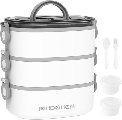 Lunch Box, Stackable 3 Layers Containers, Portable 94OZ Large Capacity Leakproof Bento Box with Spoon & Fork & Sauce Boxes, Microwave Safe Lunch Box for Kids and Adults