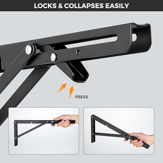 JOY DECOR 10 Inch Heavy Duty Folding Shelf Brackets, 2 Pack (1 Pair) Collapsible Wall Mounted Brackets for Fold Down Table, Stainless Steel Folding Table Hinge, Matte Black