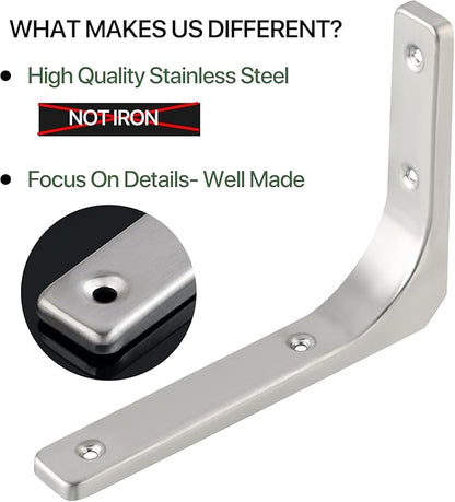 SAYAYO Heavy Duty Floating Shelf Brackets 8 Inch x 6 Inch, Stainless Steel Wall Shelf Brackets & Supports Brushed Nickel L Bracket, Angle Bracket Corner Brace for Wood, 4Pcs