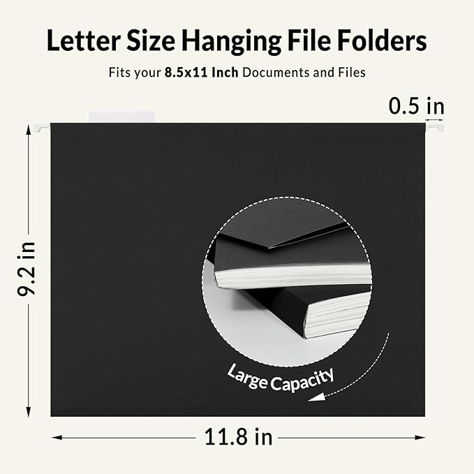 SUNEE 25 Pack Hanging File Folders, Black Folders, Hanging File Folders Letter Size with 1/5-cut Tabs, Stay Organized for Your Home and Office Bulk File and Documents