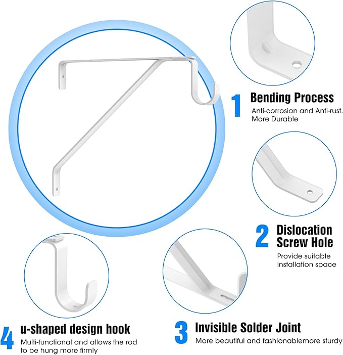 Pisman 10 Inch Heavy Duty Closet Rod Bracket Adjustable 4-Pack, Closet Rod Support with Shelf Bracket and Rod Holders - White Steel Clothes Hanger for Bedroom, Laundry Room Storage