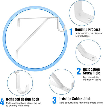 Pisman 10 Inch Heavy Duty Closet Rod Bracket Adjustable 2-Pack, Closet Rod Support with Shelf Bracket and Rod Holders - White Steel Clothes Hanger for Bedroom, Laundry Room Storage