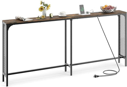 Giantex 71" Narrow Console Table with 2 Power Outlets and USB-C Ports, Sofa Tables with Charging Station & Metal Frame, Skinny Behind Couch Tables, Long Entrway Tables for Living Room, Rustic Brown