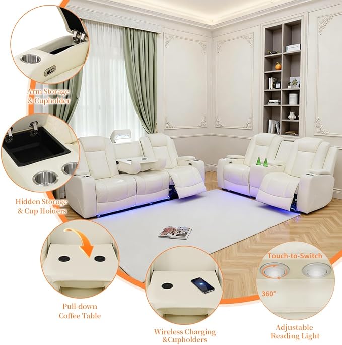 Living Room Furniture Sets with LED, Power Reclining Couch Set for Living Room, Include 1 Loveseat, 3 Seat Sofa, Modern Creamy White Leather Recliner Sofa Furniture Set for Home and Office