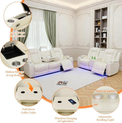 3 Seat Recliner Sofa for Living Room,Living Room Furniture Sets Recling Couch with LED,Soft Creamy White Leather Power Reclining Sofa with Cup Holders,Storage,Breathing Leather for Home/Office