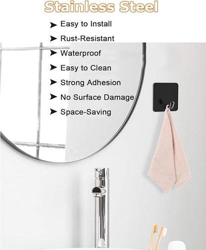 Adhesive Towel Hooks for Bathrooms, 8 Piece Towel Hooks for Hanging Hat Robe Coat, Stick on Hooks for Kitchens, Strong Self-Adhesive No Damage Sticky Hook, Black