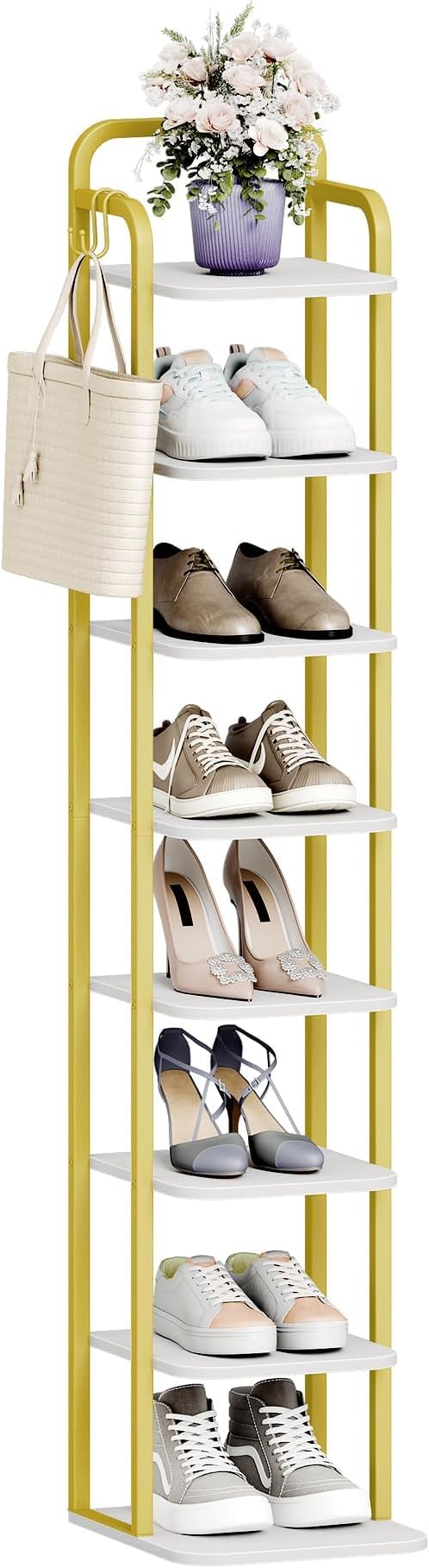 8 Tiers Vertical Shoe Rack, Narrow Shoe Tower, Tall Shoes Shelf with 2 Hooks, Adjustable Shelves, Corner Shoes Shelves for Small Spaces, Entryway, Living Room, White Gold SR04313A