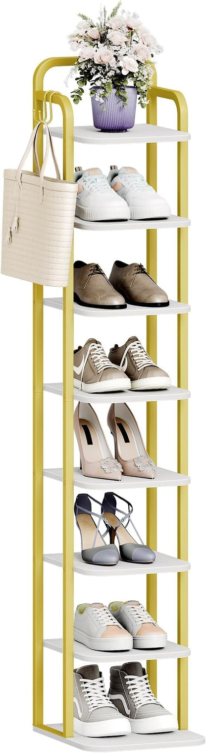8 Tiers Vertical Shoe Rack, Narrow Shoe Tower, Tall Shoes Shelf with 2 Hooks, Adjustable Shelves, Corner Shoes Shelves for Small Spaces, Entryway, Living Room, White Gold SR04313A