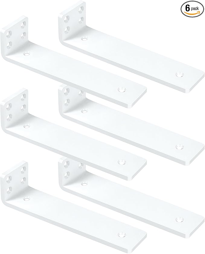 White Floating Shelf Brackets 12 inch, Heavy Duty Wall Shelf Bracket 6 Pack for Shelves Support, Hidden Metal L Brackets with Mounting Hardware (1/5'' Thick)