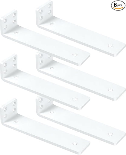 White Floating Shelf Brackets 12 inch, Heavy Duty Wall Shelf Bracket 6 Pack for Shelves Support, Hidden Metal L Brackets with Mounting Hardware (1/5'' Thick)