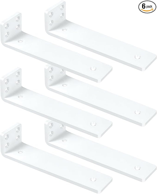 White Floating Shelf Brackets 12 inch, Heavy Duty Wall Shelf Bracket 6 Pack for Shelves Support, Hidden Metal L Brackets with Mounting Hardware (1/5'' Thick)