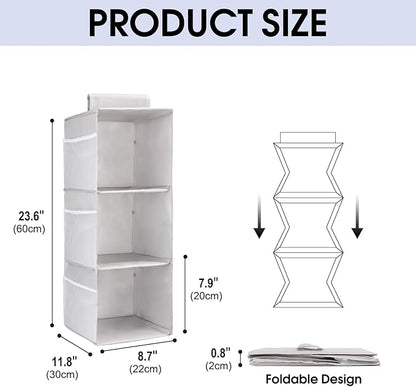 PetsHome 3-Shelf Hanging Closet Organizer, Space Saver, Closet Hanging Storage Shelves with Mesh Pockets & Magic Tap for Storage, Foldable-Grey