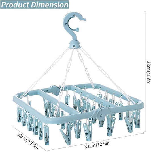 Clothes Drying Rack with 32 Clips, Foldable Hanging Rack, 360° Rotatable Hook for Drying Socks Baby Clothes Towels Gloves(Light Blue)