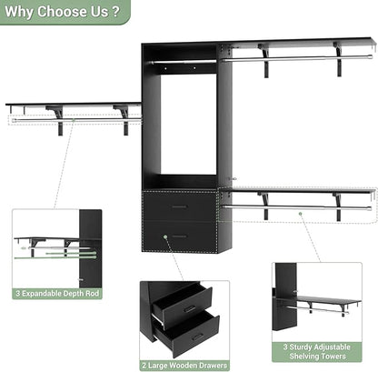 Closet System, 4-8ft Wood Closet Organizer System with 2 Wooden Drawers, Walk-in Wardrobe Clothes Rack with 4 Hanging Rods, Adjustable Heavy Duty Garment Rack,Black