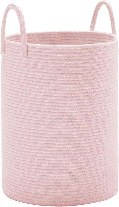 YOUDENOVA Woven Rope Laundry Hamper, 58L Tall Luandry Basket, Baby Nursery Hamper for Blanket Storage in Bedroom-Large-Pink