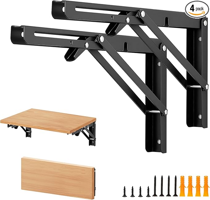 Home Expert 12 Inch Folding Shelf Brackets, 4 Pack (2 Pairs) Heavy Duty Metal Collapsible Wall-Mounted Brackets, Space-Saving DIY Foldable Shelf for Benches and Tables, Matte Black