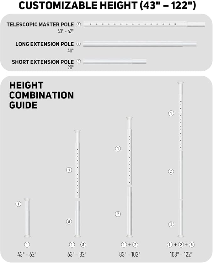 Floor to Ceiling Clothes Rack, Heavy-Duty Telescopic Garment Rack, 43–122in Height & 30–47in Width, 220lbs Total Load Capacity, 2-Pole, White