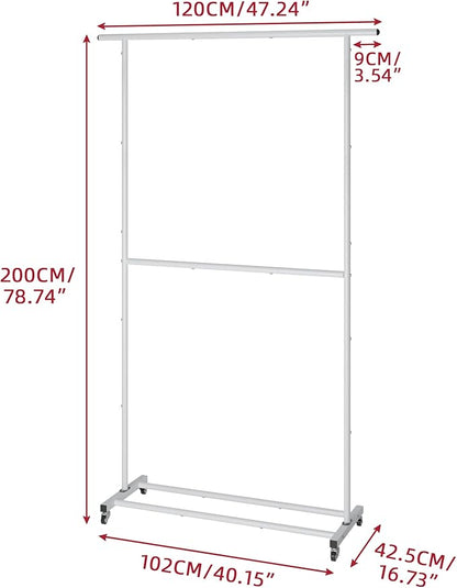 Sywhitta Double Rod Clothing Garment Rack, Rolling Clothes Organizer on Wheels for Hanging Clothes, Easy to Assemble, Adjustable, White
