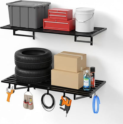 2-Pack Heavy Duty Garage Wall Shelves, 2' x 4' Powder-Coated Alloy Steel Storage Rack with 6 Utility Hooks, 500 lbs Total Capacity, Rust-Resistant Floating Shelving for Bins, Tools & Camping Gear