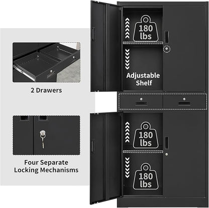 CJF Metal Storage Cabinet, 71" H Metal Cabinets with Adjustable Shelves and Drawers, Locking Storage Cabinet for Pantry, Office, Garage, Home, School, Utility (Black)