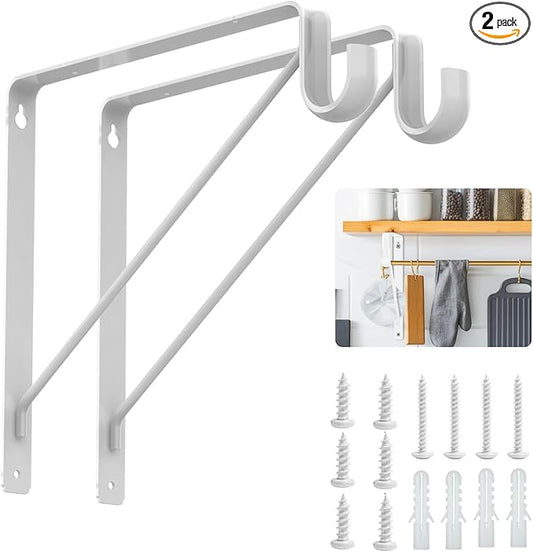 Pisman Closet Rod Bracket Heavy Duty,Shelf Bracket with Rod Holder- White Closet Rod Support & Closet Shelf and Rod Bracket for Storage, 10 Inch 2pcs