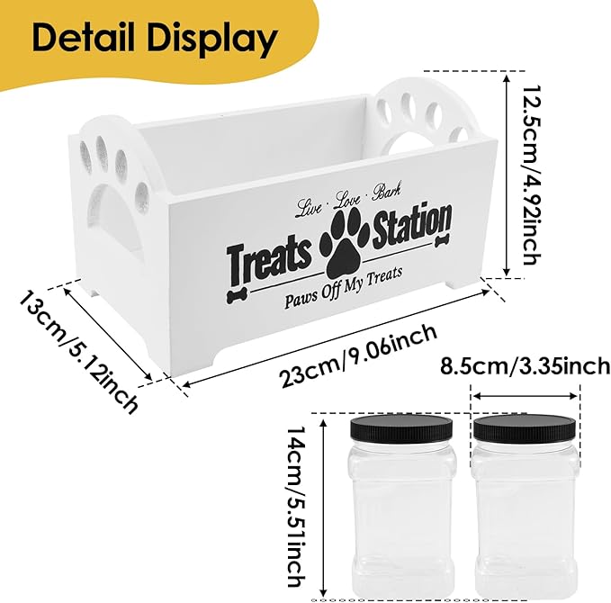 Dog Treat Container Wood Dog Food Storage Container with 2 Plastic Jars Rustic Cat Treat Container Practical Pet Treat Storage Organizer (White)