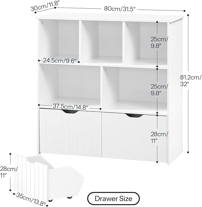 HOOBRO Toy Storage Organizer, Toy Organizers and Storage with 2 Movable Drawers and 5 Cubbies, Toy Chest Shelf for Books or Dolls, Kids Bookshelf and Toy Storage for Playroom, White WT88CW01