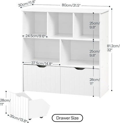HOOBRO Toy Storage Organizer, Toy Organizers and Storage with 2 Movable Drawers and 5 Cubbies, Toy Chest Shelf for Books or Dolls, Kids Bookshelf and Toy Storage for Playroom, White WT88CW01