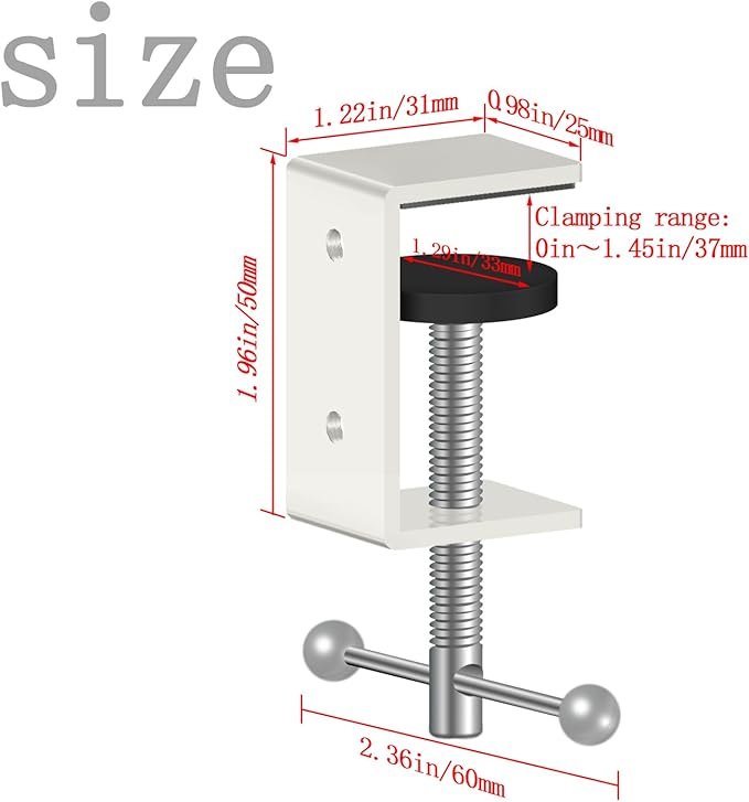 2-Pack 1 Inch Heavy Duty Black C-Clamps for Desk & Table, 0-1.5 Inch Clamping Range, 2 Mounting Holes, Metal Workbench Clamps (1.3-IN)
