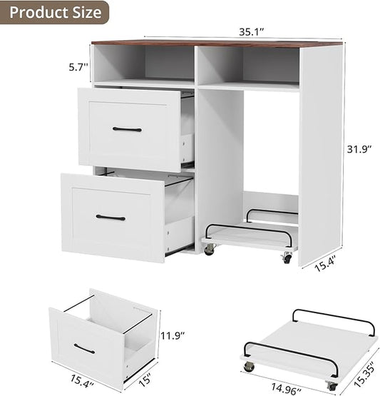 VOWNER File Cabinet with Charging Station, 2 Drawer Filing Cabinet, Printer Stand with Rolling Shredder Stand, Wooden File Cabinets with Open Storage Shelf, for Home Office fit A4, Letter, Legal Size