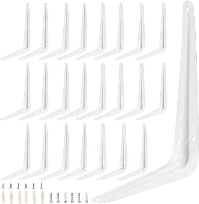 ZOENHOU 24 Pack 10 x 12 Inch White Shelf Brackets, Heavy Duty L Bracket Support with 144 Screws and 72 Expansion Tubes, Metal Wall Corner Angle Shelving Shelf Bracket for Wall Hanging Shelves