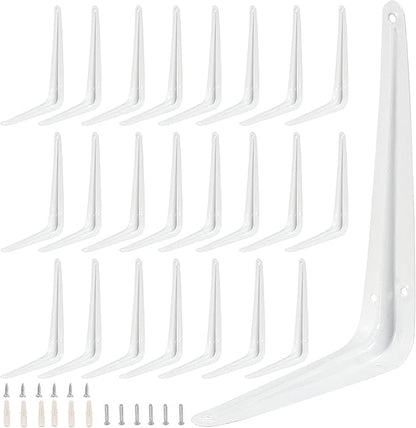 ZOENHOU 24 Pack 6 x 8 Inch White Shelf Brackets, Heavy Duty L Bracket Support with 144 Screws and 72 Expansion Tubes, Metal Wall Corner Angle Shelving Shelf Bracket for Wall Hanging Shelves