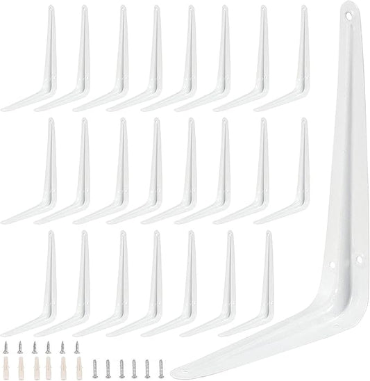 ZOENHOU 24 Pack 6 x 8 Inch White Shelf Brackets, Heavy Duty L Bracket Support with 144 Screws and 72 Expansion Tubes, Metal Wall Corner Angle Shelving Shelf Bracket for Wall Hanging Shelves