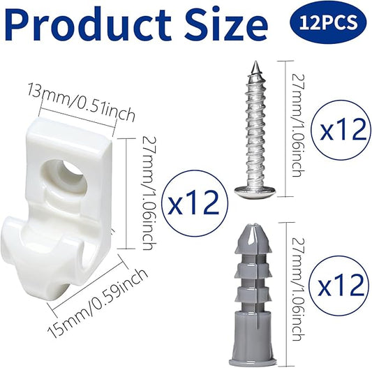 12 Pack White Down Wall Clip Closet Shelves Clips Wire Shelf Loop Clips Plastic Heavy Duty Wire Shelf Brackets Included Clips Screws and Expansion Tubes for Wire Closet Shelving