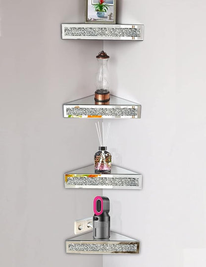 Mirrored Floating Corner Shelf, Silver Mirror Crushed Diamond Decorative Wall Shelf for Home Decoration Crystal Diamond Wall Art Decor Accent Piece Showcase 11.8" L×11.8" W×3.1" H, Set of 2