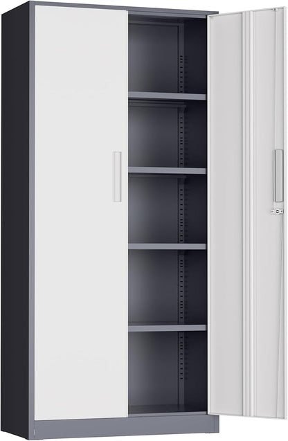72” Metal Storage Cabinet, Lockable File Cabinets with 2 Doors and 4 Adjustable Shelves, Steel Tool Cabinets with Lock for Office, Home, Gym, Grey White-Small