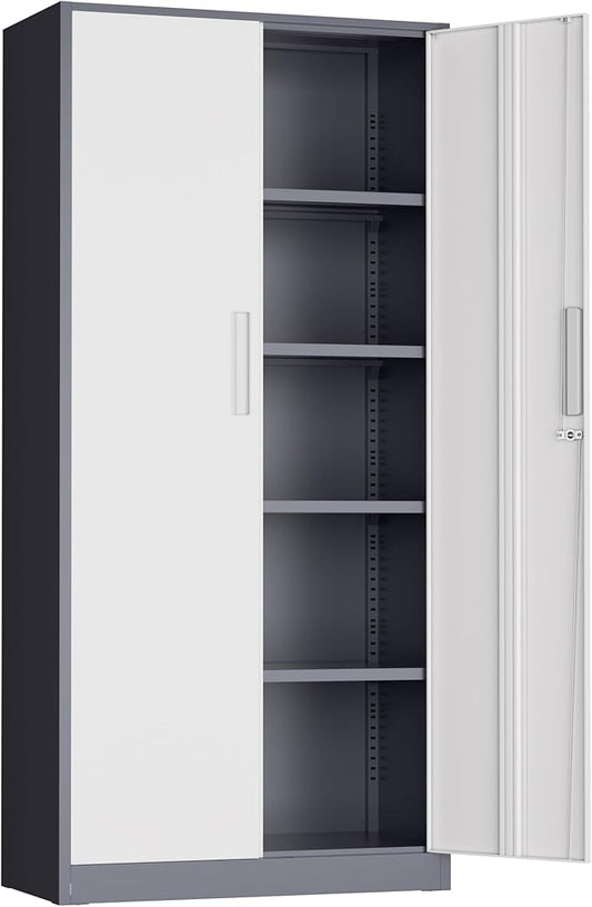 72” Metal Storage Cabinet, Lockable File Cabinets with 2 Doors and 4 Adjustable Shelves, Steel Tool Cabinets with Lock for Office, Home, Gym, Grey White-Small