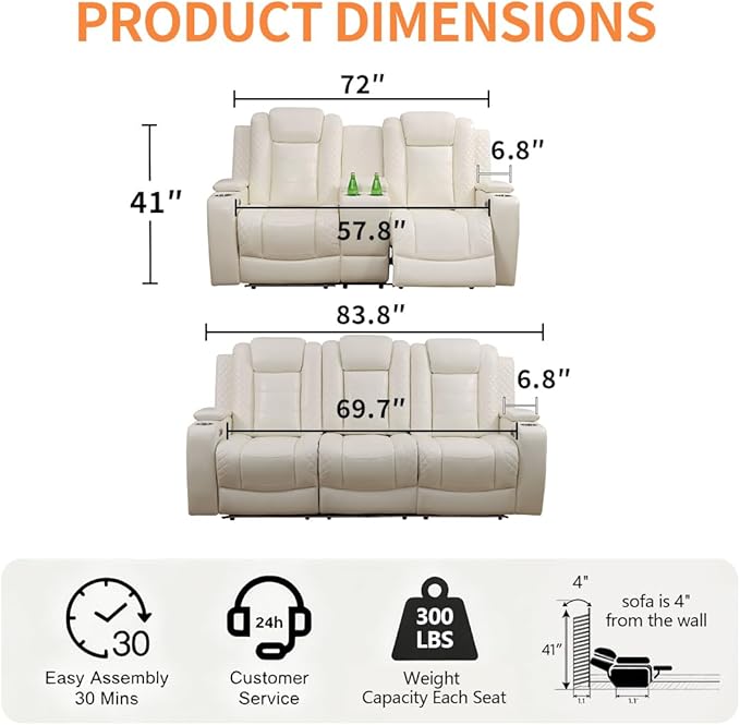 Living Room Furniture Sets with LED, Power Reclining Couch Set for Living Room, Include 1 Loveseat, 3 Seat Sofa, Modern Creamy White Leather Recliner Sofa Furniture Set for Home and Office