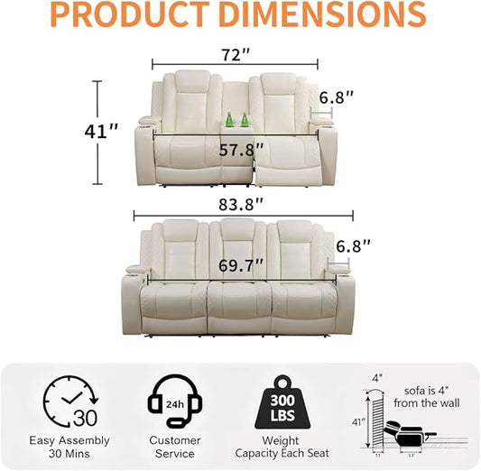 Living Room Furniture Sets with LED, Power Reclining Couch Set for Living Room, Include 1 Loveseat, 3 Seat Sofa, Modern Creamy White Leather Recliner Sofa Furniture Set for Home and Office