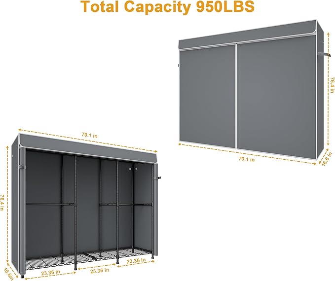 E14C Pro Heavy Duty Closet Organizer System，Freestanding Clothing Racks for Hanging Clothes，Adjustable Garment Rack 70.1"W × 16.6"D × 76.4"H Hold 960 lbs，Black Rack with Grey Dustproof Cover