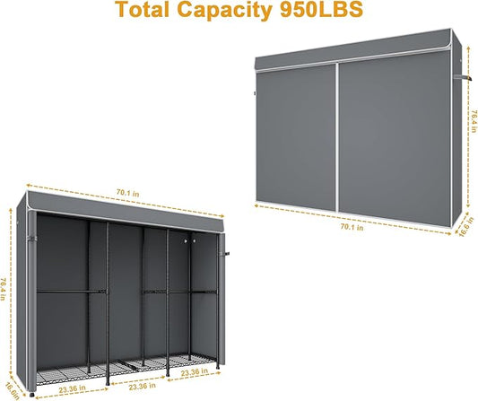 E14C Pro Heavy Duty Closet Organizer System，Freestanding Clothing Racks for Hanging Clothes，Adjustable Garment Rack 70.1"W × 16.6"D × 76.4"H Hold 960 lbs，Black Rack with Grey Dustproof Cover