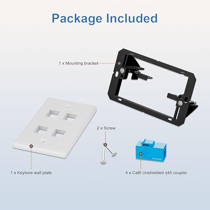 FGB 10Gbps Ethernet Wall Plate, 4 Port CAT6 Wall Plate and Jack, RJ45 Ethernet Wall Outlet with Single Gang Low Voltage Mounting Bracket