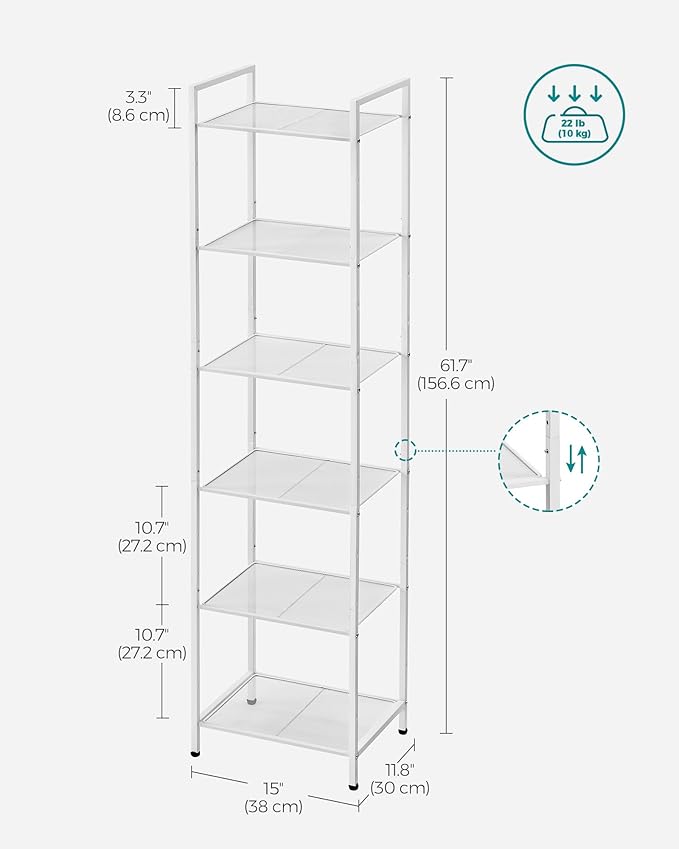 SONGMICS 6-Tier Storage Rack, Bathroom Shelf, Extendable Plant Stand with Adjustable Shelf, for Bathroom, Living Room, Balcony, Kitchen, Classic White UBSC036W01