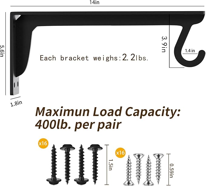 Closet Rod Support Bracket WYGWP 14 inch Heavy Duty Shelf Brackets with Rod Holders Support 400lbs Wall Mounted Sturdy 2 Pack